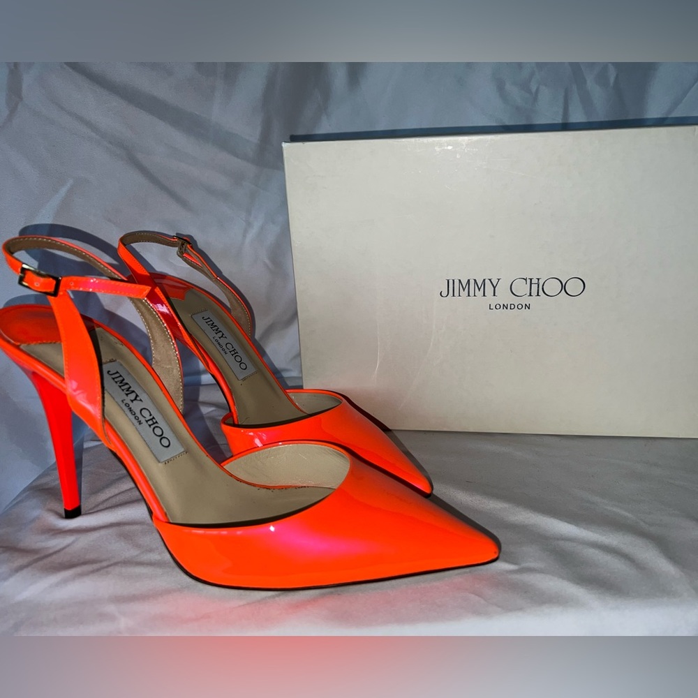 Jimmy Choo Neon Orange Patent Leather Tarida Slingback Sandals